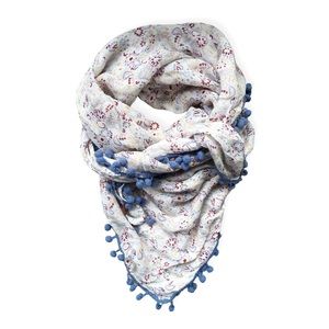 Levi’s Floral Cotton Scarf / Sarong w/Blue Pom Poms, 42” sq